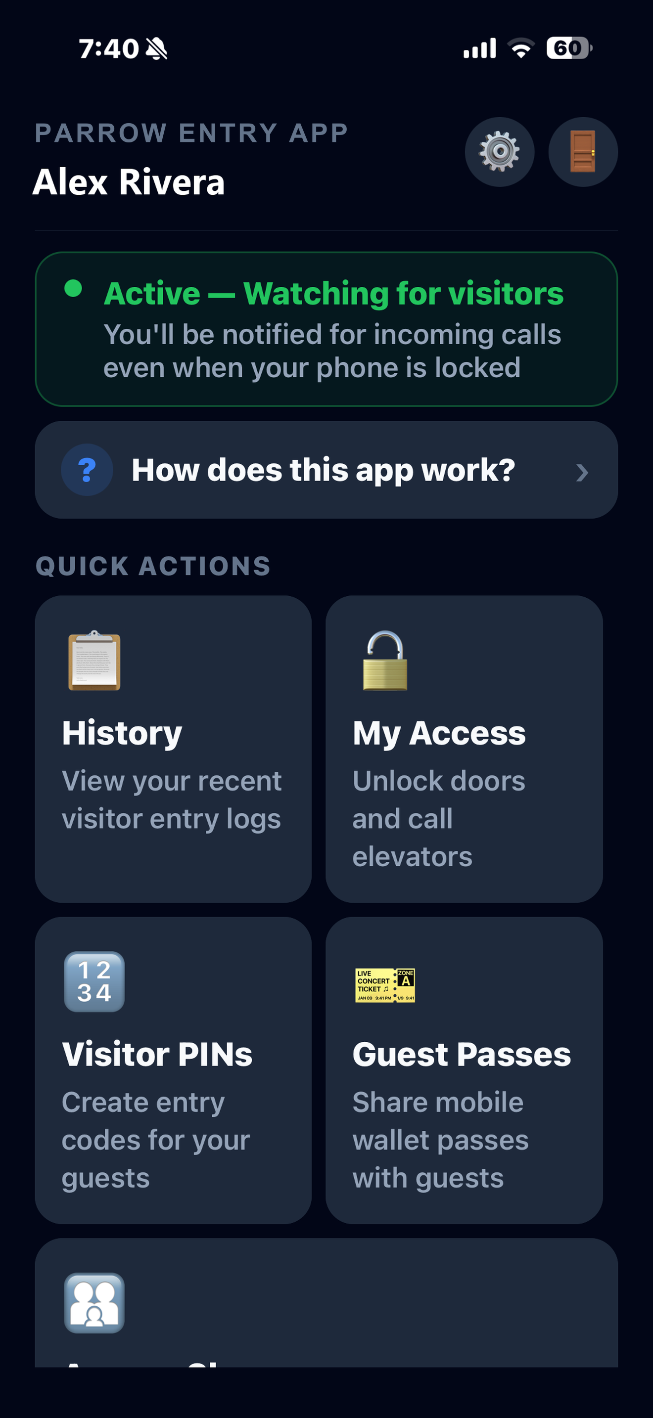 Parrow Entry app screen